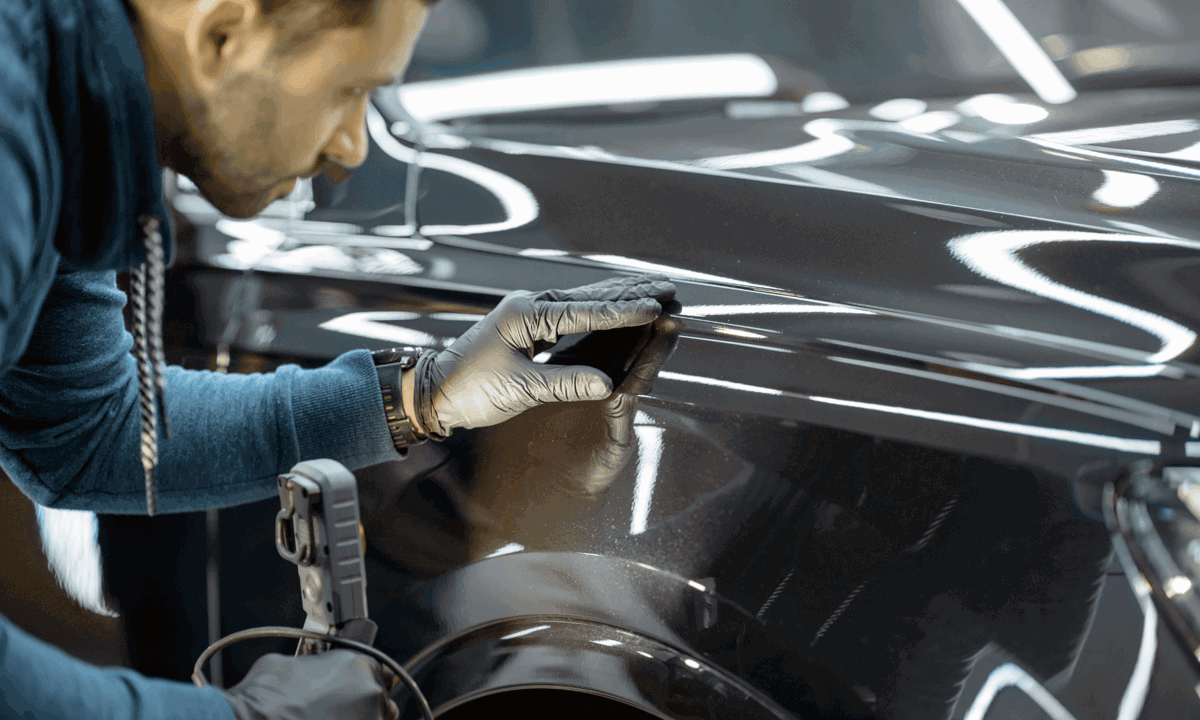 A technician looking over a vehicles bodywork.
