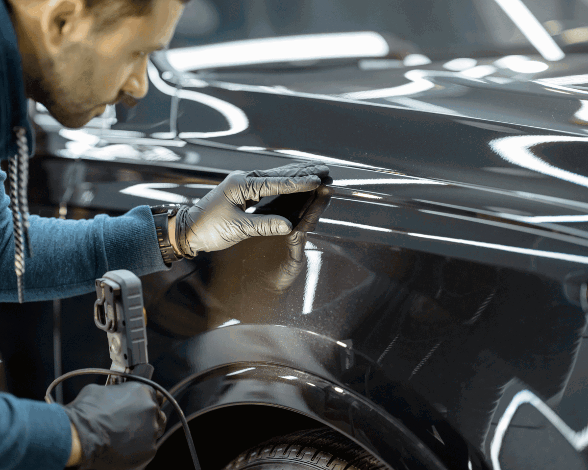 A technician looking over a vehicles bodywork.