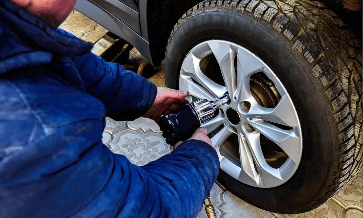 An alloy wheel being installed on a vehicle.