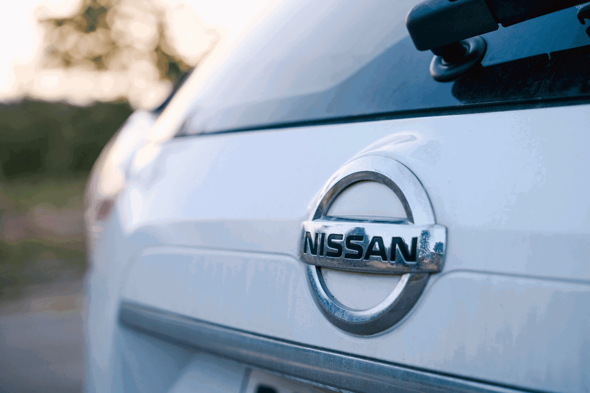 Nissan badge on back of car